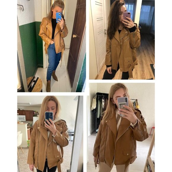 Women's Brown 1 Faux Leather Lapel Collar Zip Up Long Sleeve Short Coat Jacket - Picture 6 of 6